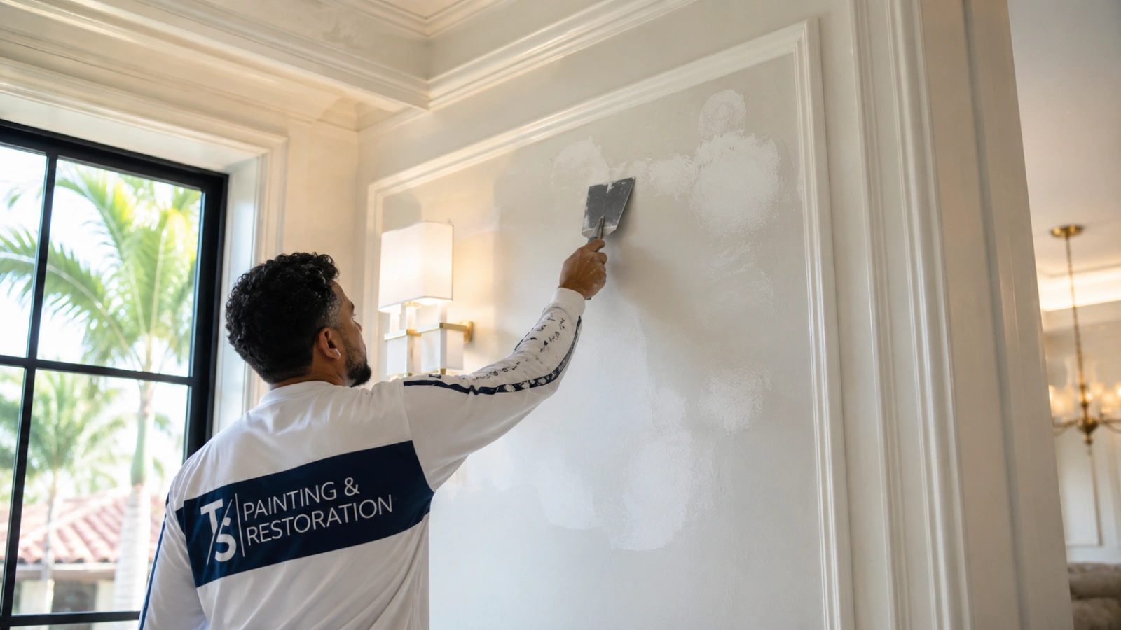 Wall restoration and surface preparation completed by TS Painting Pro in Palm Beach County